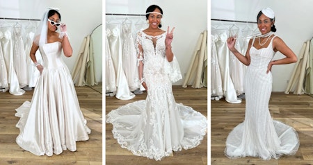 Bride wearing Danica by Sottero and Midgley, Emanuelle by Maggie Sottero, and Saige by Maggie Sottero vintage wedding dresses.